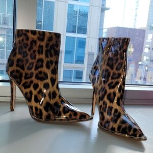 Rare Crystal Embellished Leopard Print Vegan Patent Leather Stiletto Ankle Boots